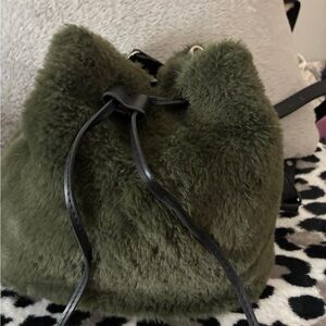Olive Green Faux Fur Drawstring Bag